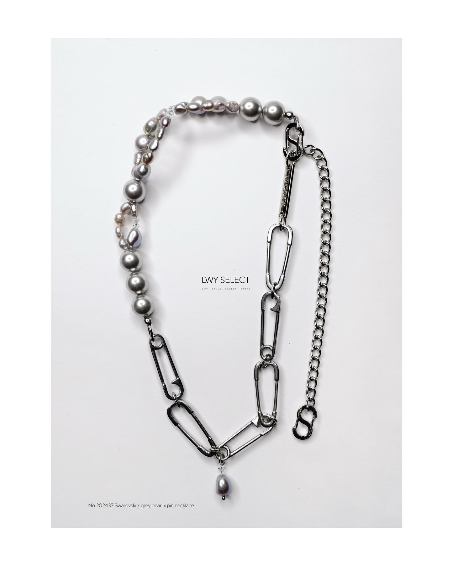 No.202437 Swarovski x grey pearl x pin necklace