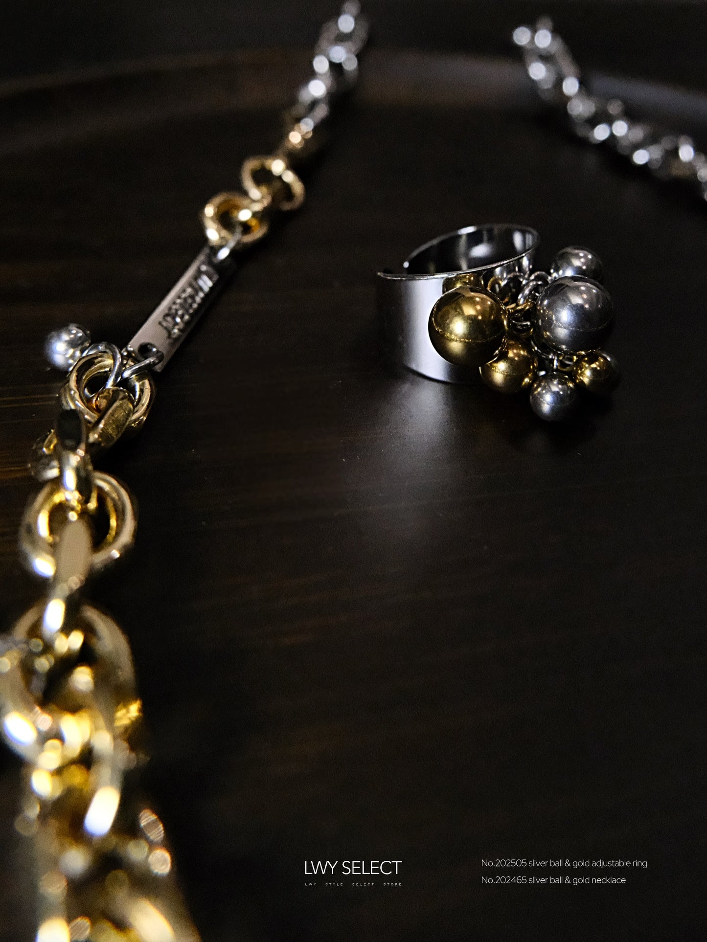 No.202505 sliver ball & gold adjustable ring