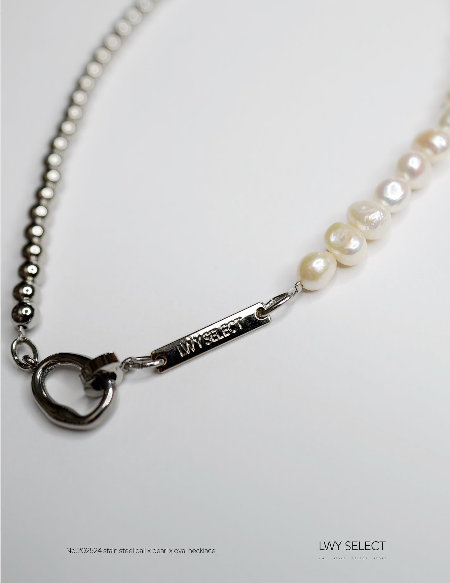 No.202524 stain steel ball x pearl x oval necklace