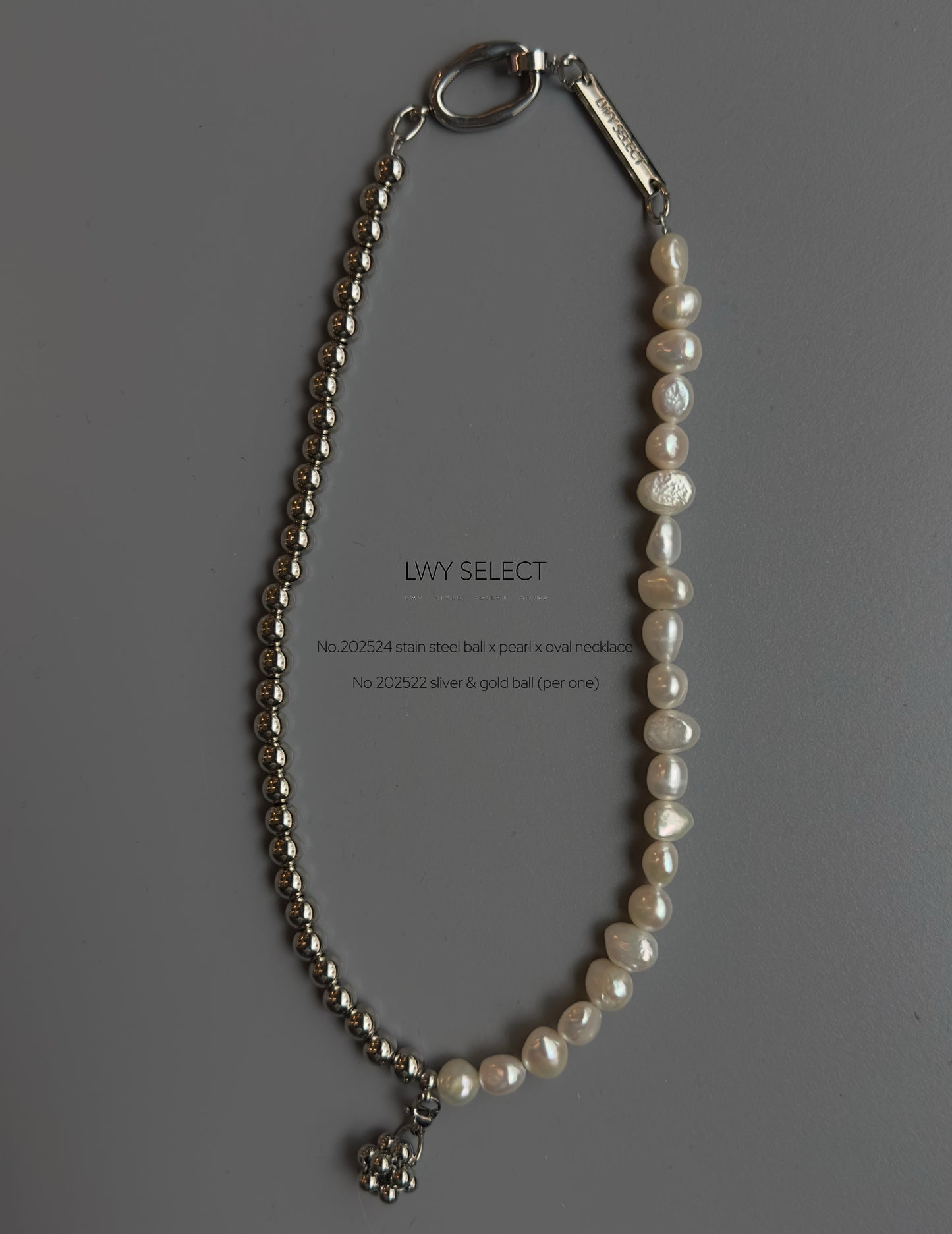 No.202524 stain steel ball x pearl x oval necklace
