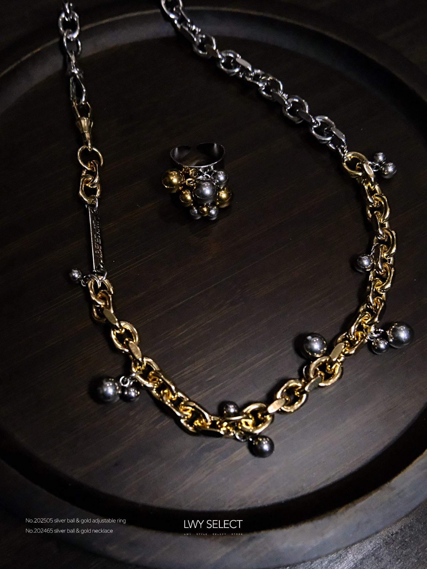 No.202505 sliver ball & gold adjustable ring