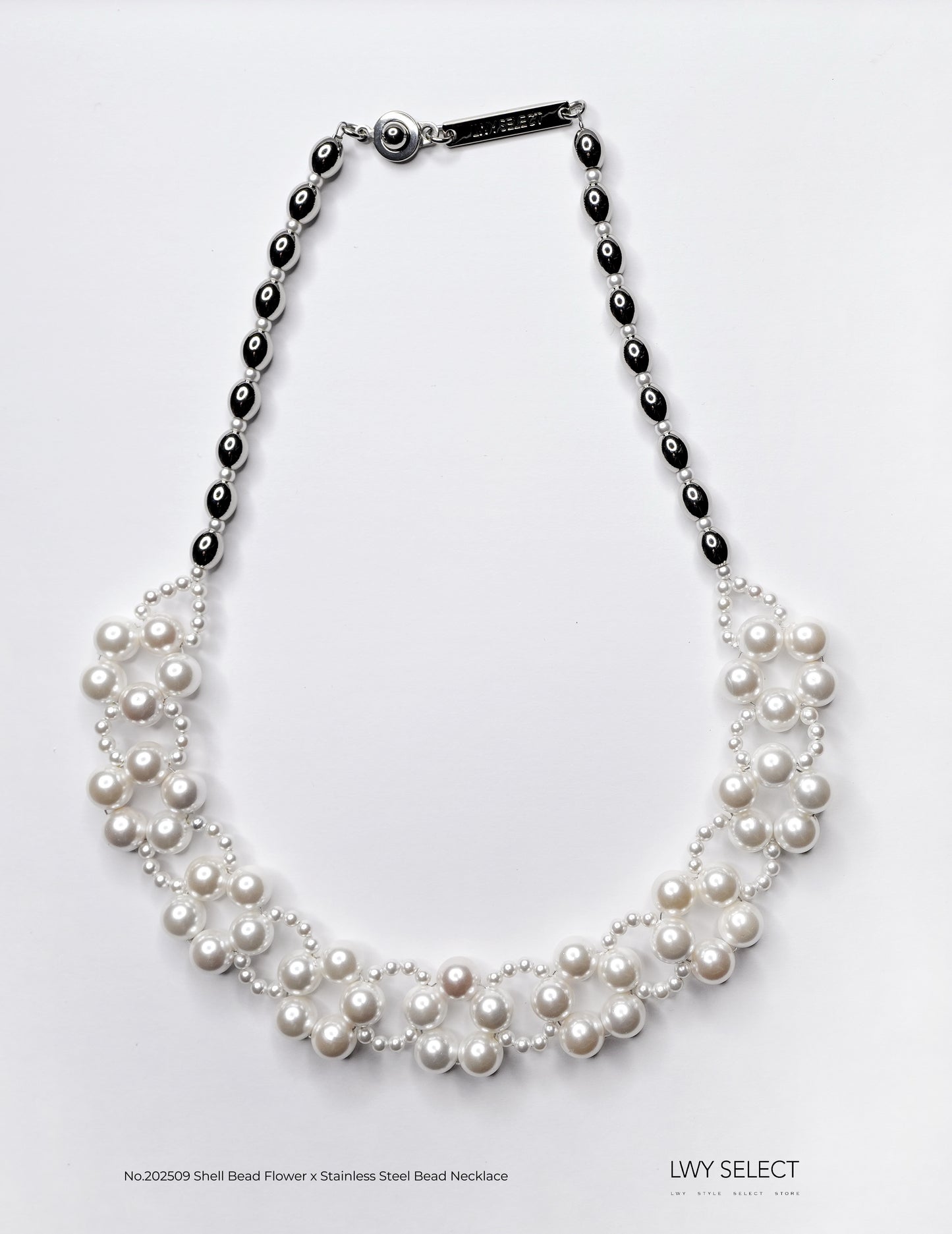 No.202509 Shell Bead Flower x Stainless Steel Bead Necklace