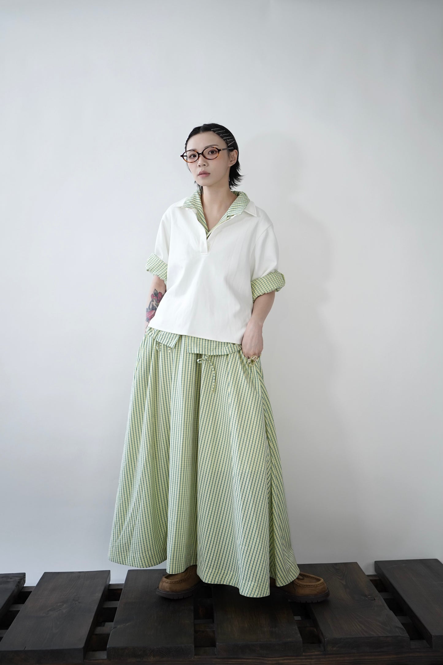 No.202423 Yellow x greewn lake cheak skirt - 2024 August collection