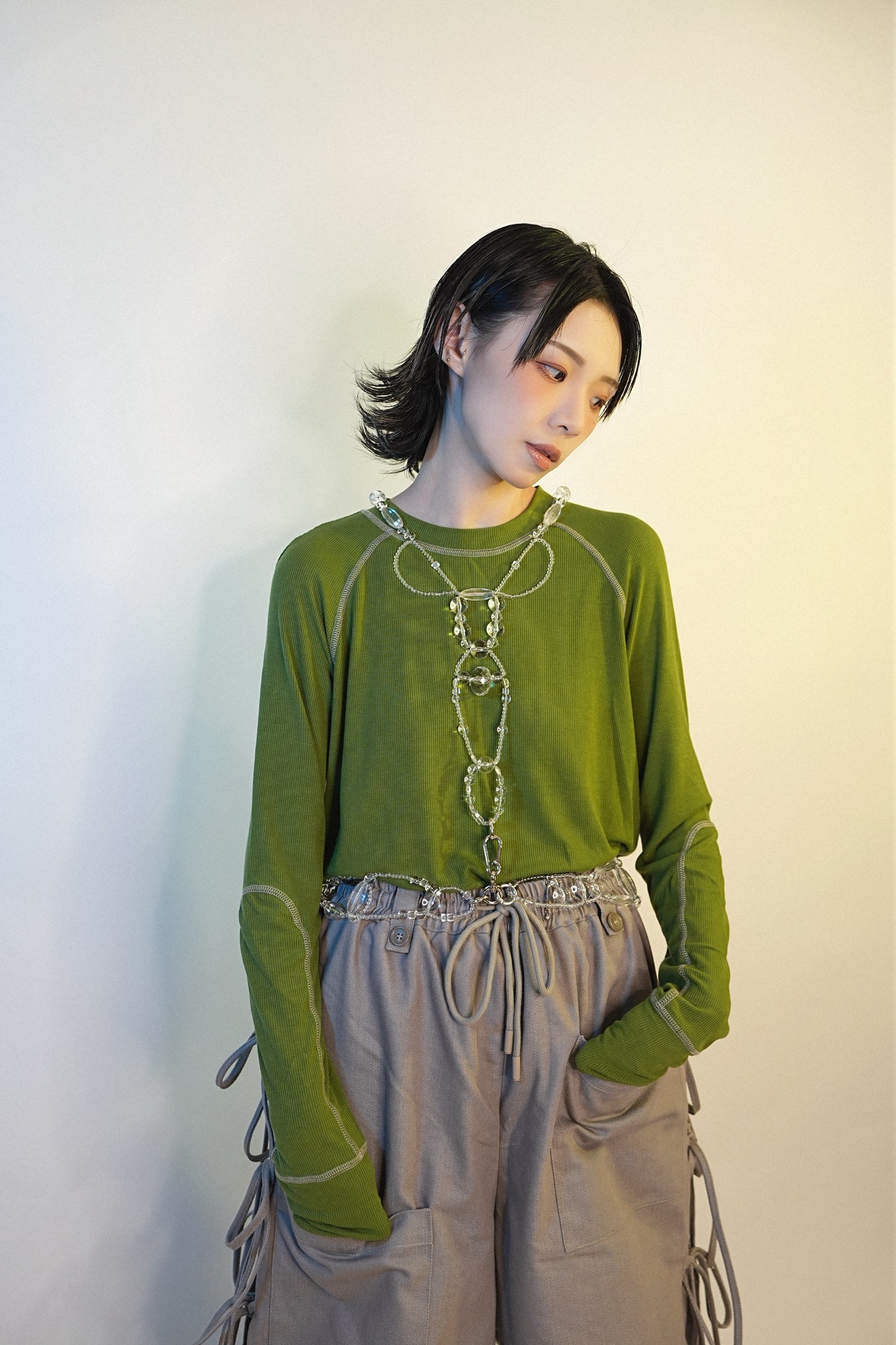 No.202453 topstitch bottoming shirt (green x beige line) - 2024 October collection