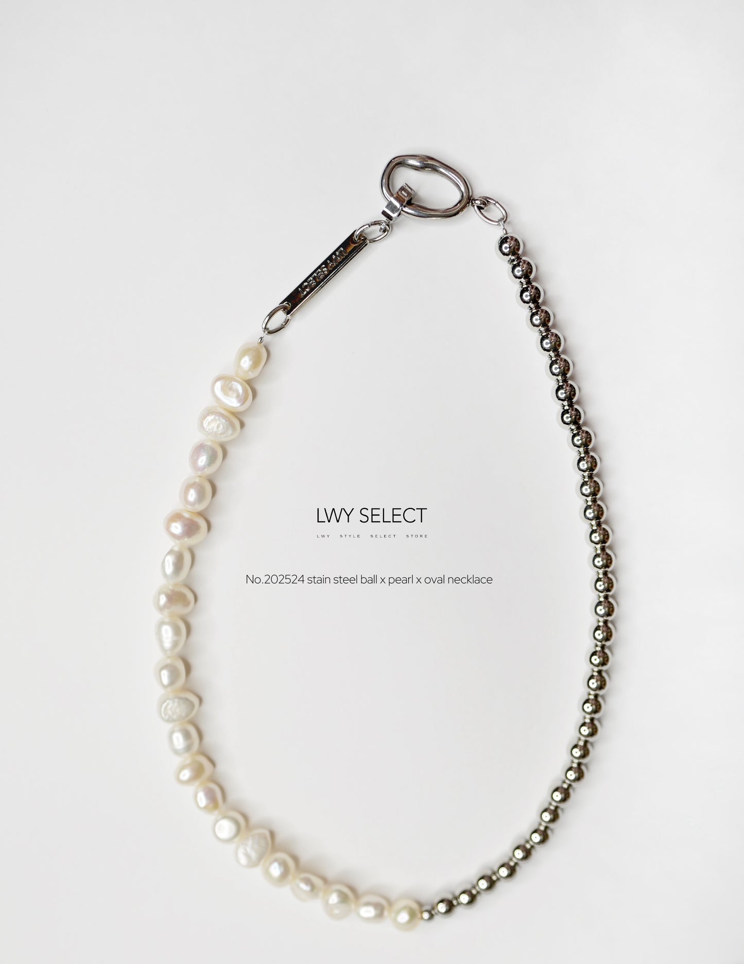 No.202524 stain steel ball x pearl x oval necklace