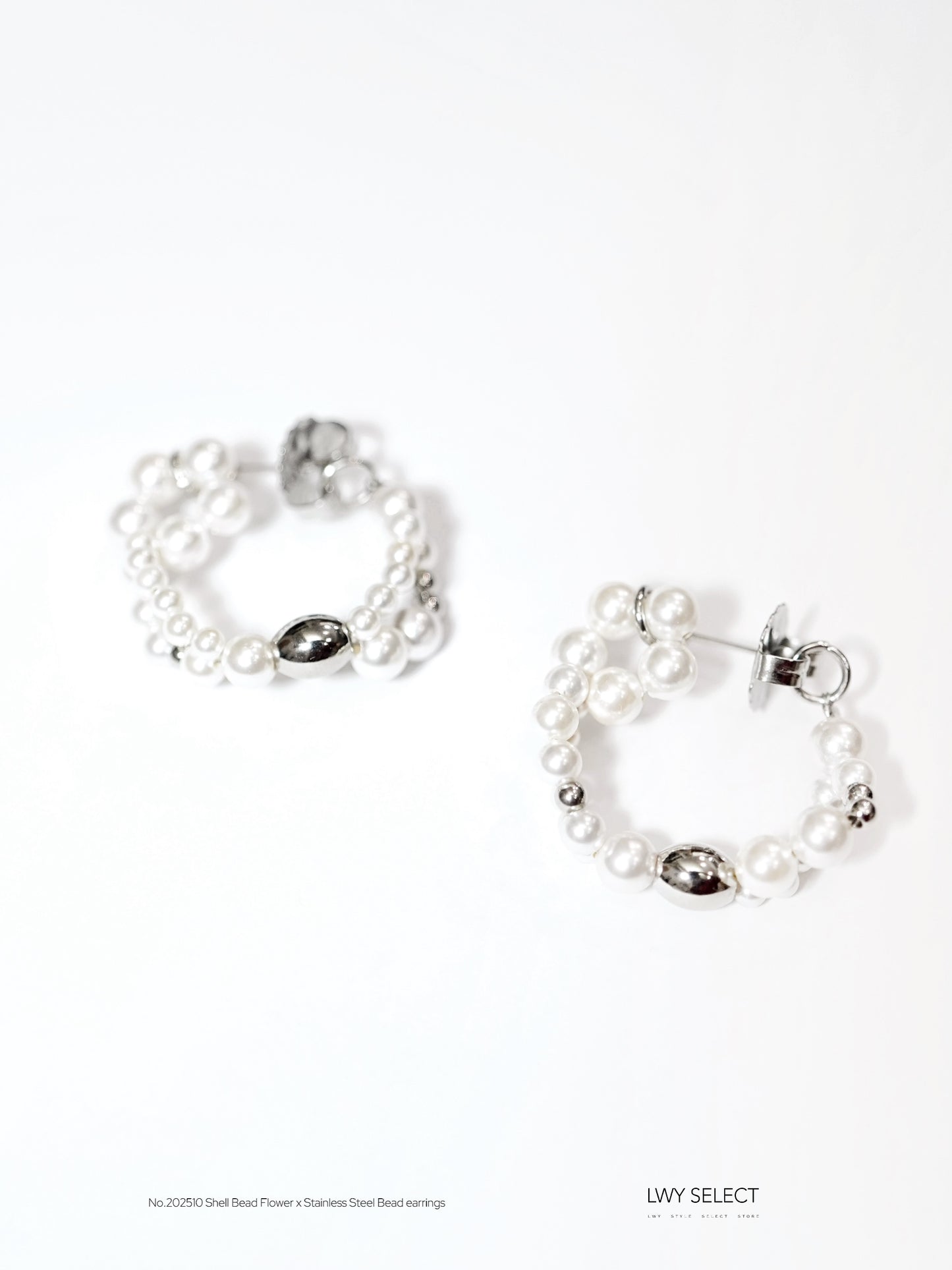 No.202510 Shell Bead Flower x Stainless Steel Bead earrings