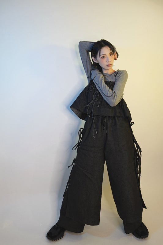 No.202449 fake 2 peice denim pants (black)(unisex) - 2024 October collection