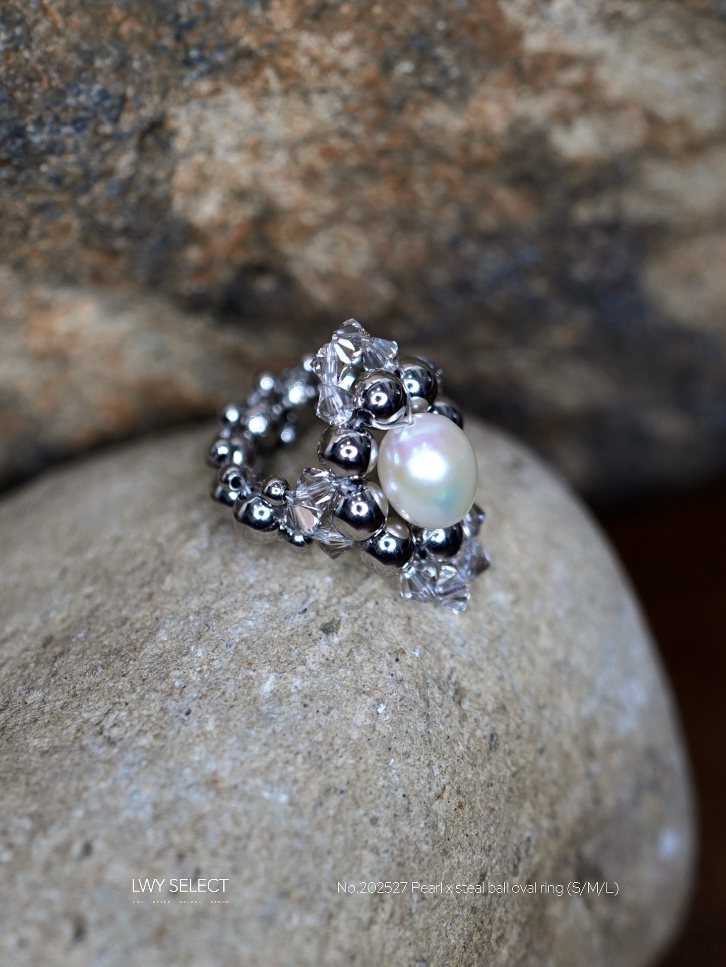 No.202527 Pearl x steal ball oval ring (S/M/L)