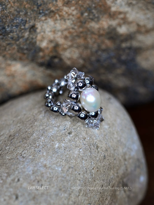 No.202527 Pearl x steal ball oval ring (S/M/L)