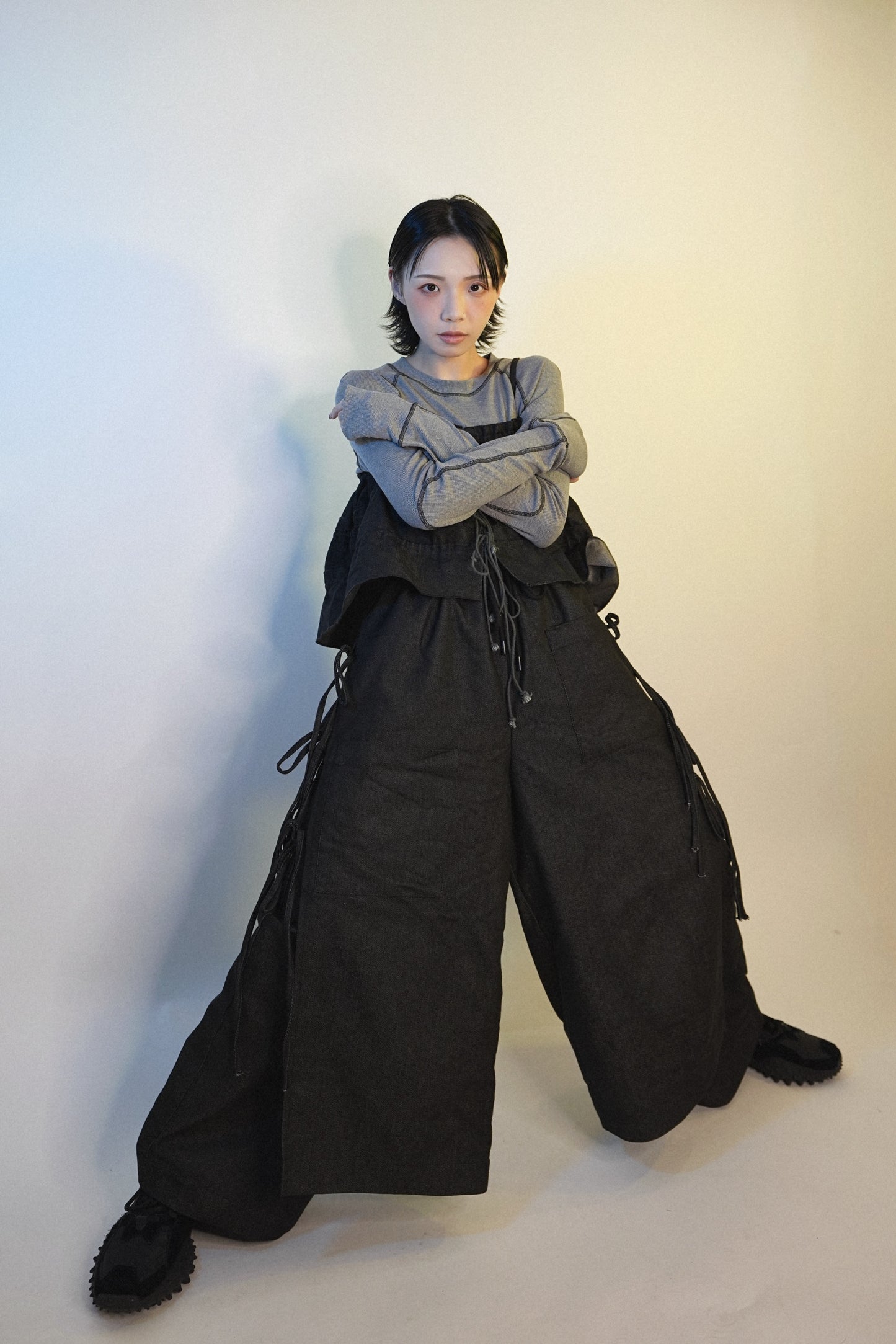 No.202449 fake 2 peice denim pants (black)(unisex) - 2024 October collection