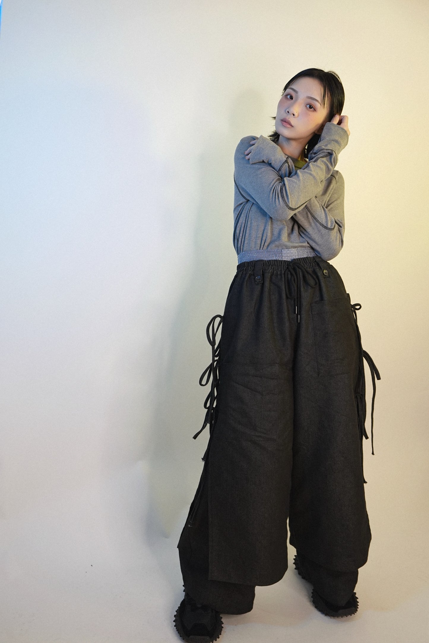 No.202449 fake 2 peice denim pants (black)(unisex) - 2024 October collection