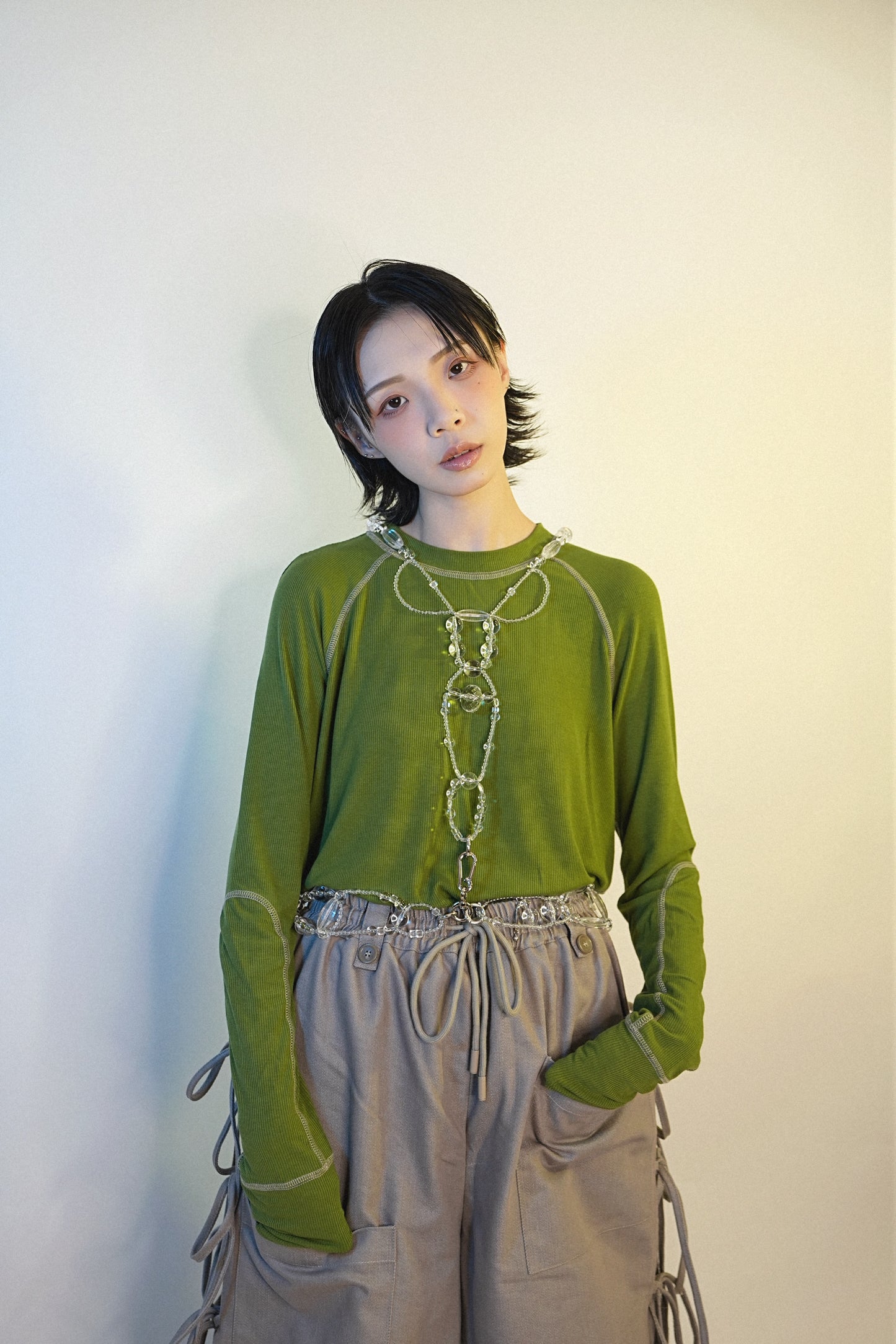 No.202453 topstitch bottoming shirt (green x beige line) - 2024 October collection