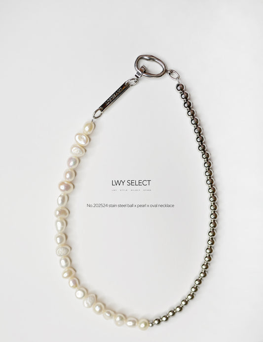 No.202524 stain steel ball x pearl x oval necklace