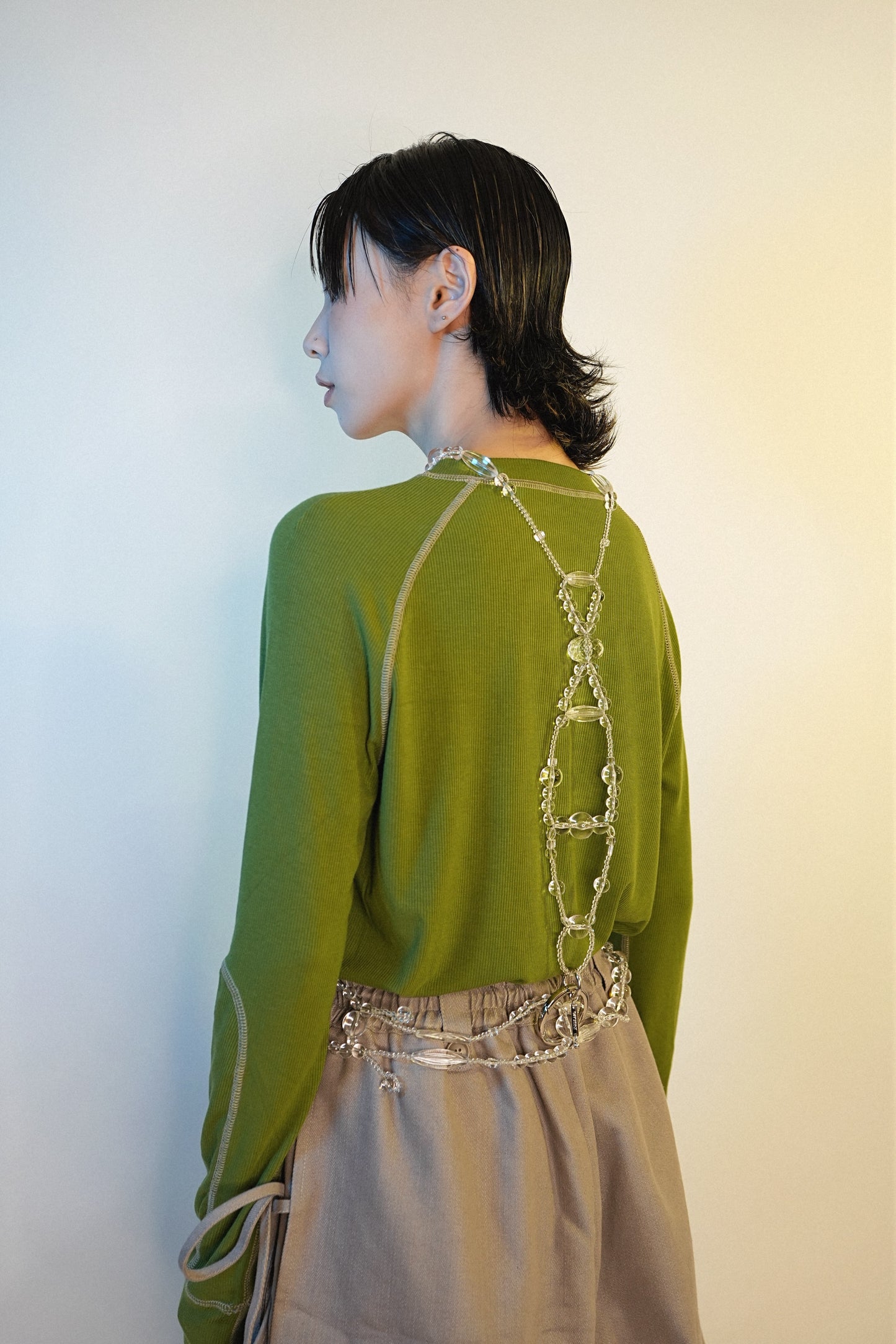 No.202453 topstitch bottoming shirt (green x beige line) - 2024 October collection